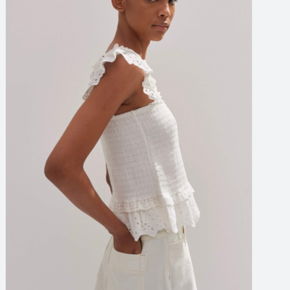 ME+EM White Cotton Delicate Broderie Shirred Top smocked flare 10 tank cropped - Picture 8 of 9